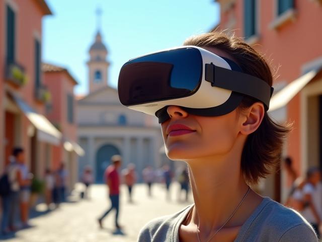 Persona con visore VR che esplora una piazza italiana virtuale
